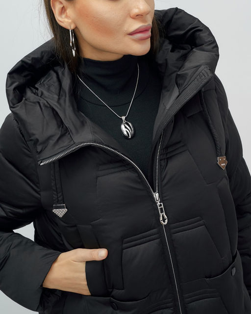 Пальто зимнее утепленное с капюшоном женское черного цвета 7638Ch - Visdeer фото 6