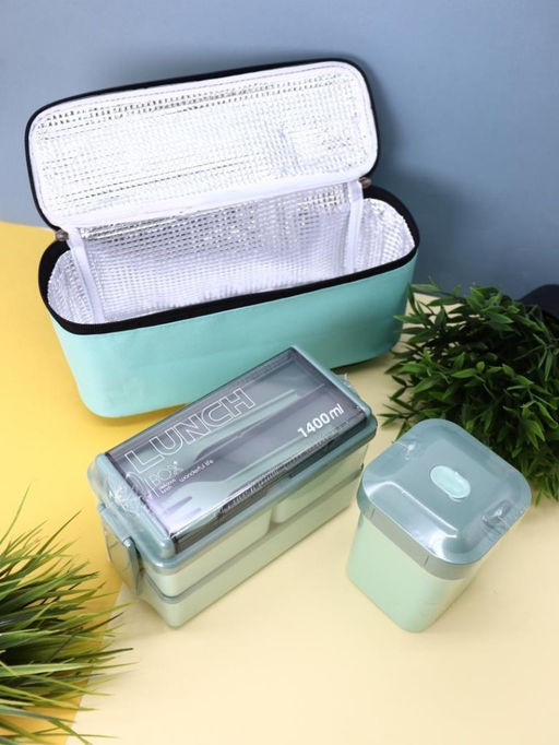 Набор ланчбоксов в термосумке "Big lunch", зелёный, 2 яруса, 4 отделения (1400 мл)