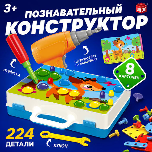 Конструктор винтовой Конструктики с шуруповёртом, 224 детали + 8 карточек