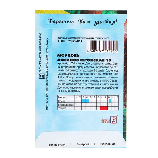 Цена за 5 шт. Семена Морковь "Лосиноостровская 13", 2 г
