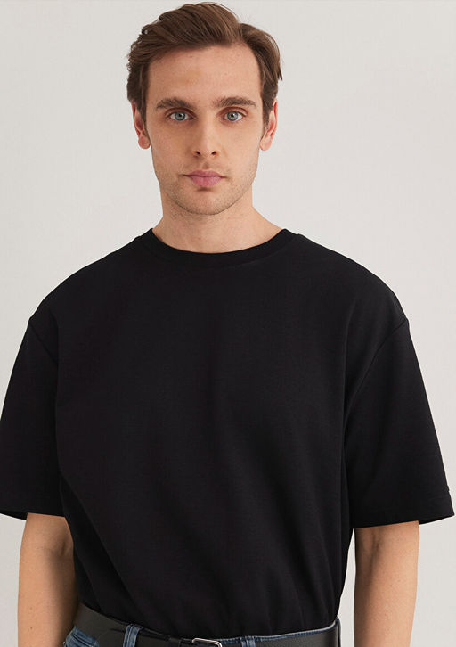 Bisiklet Yaka Siyah Basic Tisort - Mavi фото 3