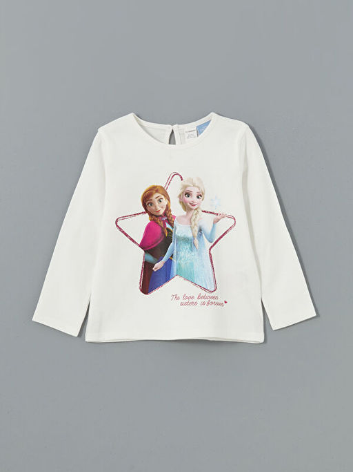 Bisiklet Yaka Elsa Bask?l? K?z ?ocuk Ti??rt