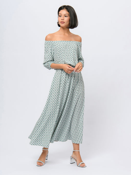 Платье мятного цвета с принтом и пышными рукавами - 1001dress фото 2
