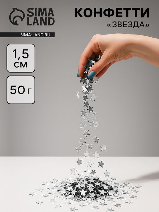 Конфетти Звезда, серебро, хром, 1.5 см, 50 г