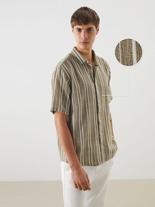 Regular Fit K?sa Kollu ?izgili Erkek Dokulu G?mlek