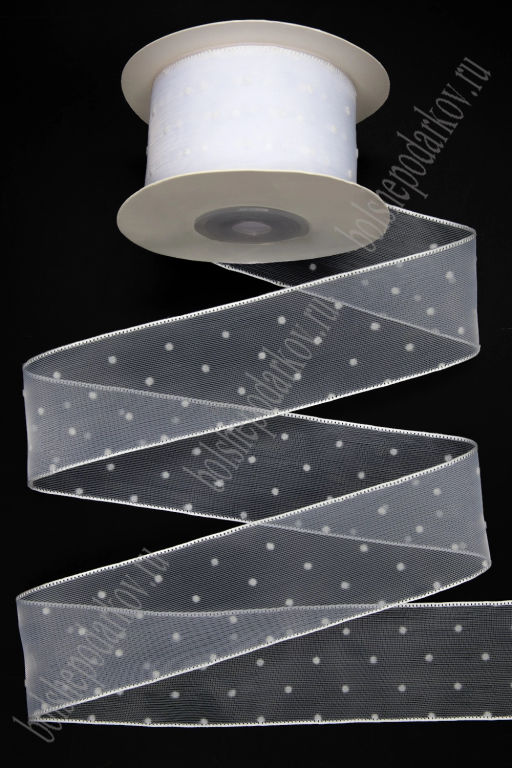 Лента органза 3,8 см*10 ярд "Горошек" SF-7508, белый