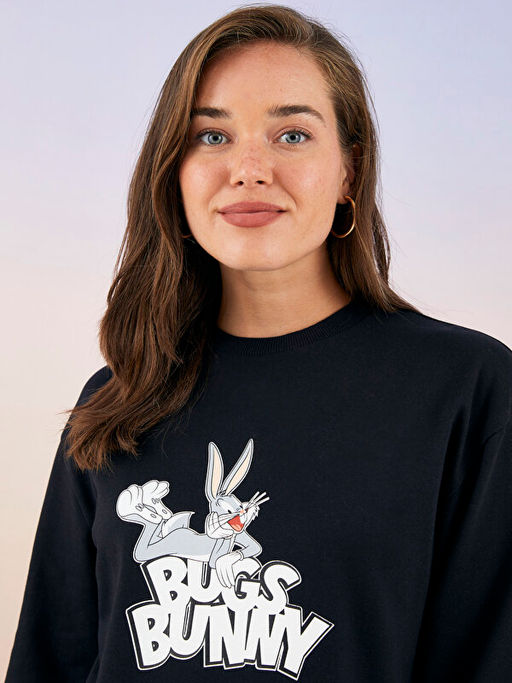 Bisiklet Yaka Bugs Bunny Bask?l? Uzun Kollu Pamuklu Hamile Sweatshirt