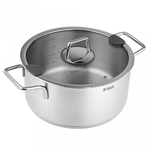 Кастрюля из нержавеющей стали "Сascade" 5л, д24см, h11,5-16см, s0,6мм, дно д22,5см, s2,9мм, стеклянная крышка со стальным ободом и сливом, пароотовод, капсулированное дно, полировка внешняя - матовая, внутренняя - матовая, ручки из нержавеющей стали