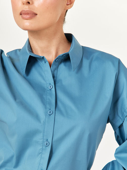 Рубашка блузка с пышным рукавом 100% хлопок голубой - Tantino фото 8