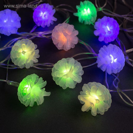 Гирлянда Нить 5 м с насадками Шишки сосновые, IP20, прозрачная нить, 20 LED, свечение мульти (RG/RB), мигание, 220 В