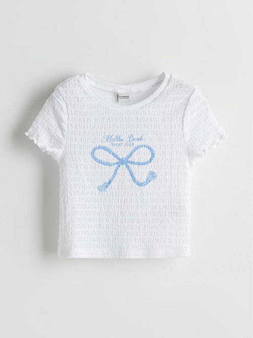 Bisiklet Yaka Fiyonk Bask?l? K?z ?ocuk Ti??rt