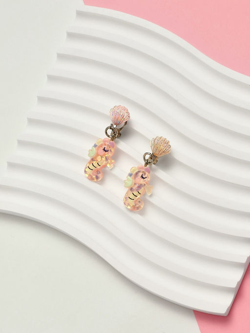 Цена за 2 шт. Серьги-клипсы детские «Выбражулька» морской конек с ракушкой перламутр, розово-белые