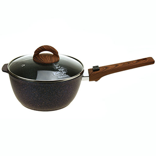 Ковш с тефлоновым покрытием 2,2л, д22см Granit Ultra, h9см, съемная ручка из термостойкого пластика 9см, стеклянная жаропрочная крышка, голубой гранит (Россия) - можно использовать металлические кухонные принадлежности