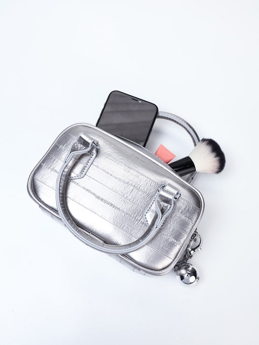 Сумка женская саквояж на молнии, 20×9×12 см, серебристая
