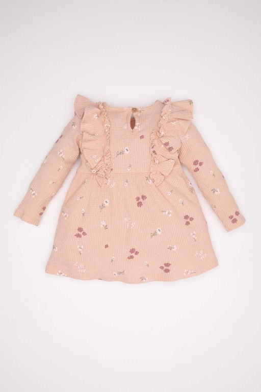 Вафельное платье с длинными рукавами и цветочным принтом для маленьких девочек - Defacto фото 4