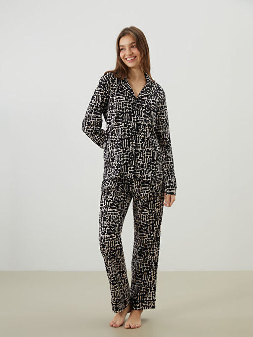 G?mlek Yaka Leopar Desenli Kad?n Pijama Tak?m?