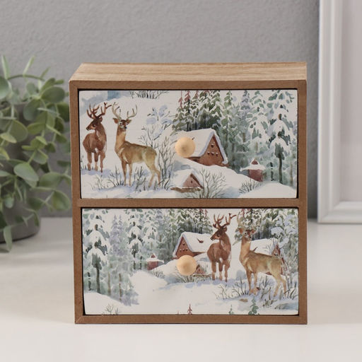 Шкатулка для чая 2 ящика Олени у заснеженного домика, дерево, 10.2?17.2?17.6 см