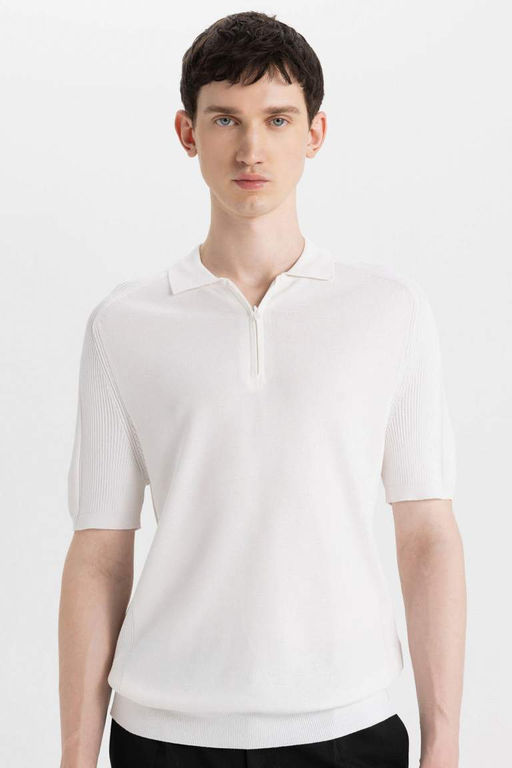 Slim Fit Dar Kesim K?sa Kollu Basic Duz Triko Polo Tisort - Defacto фото 5