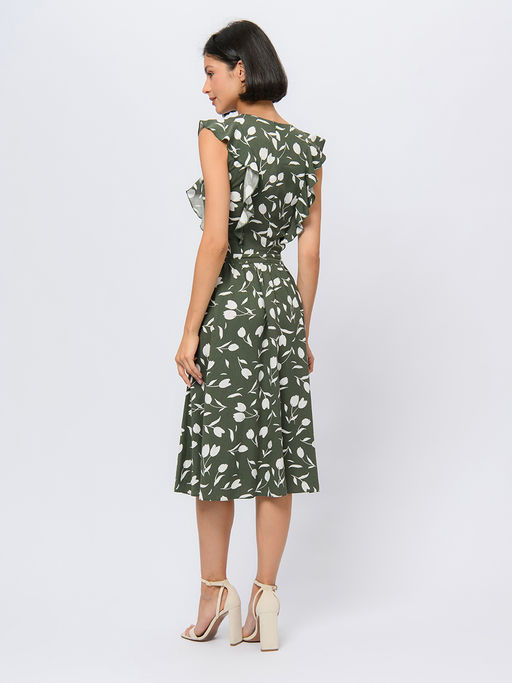 Платье цвета хаки с принтом длины миди и воланами на плечах - 1001dress фото 4