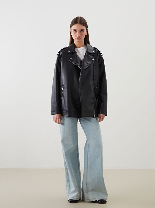 G?mlek Yaka Oversize Kad?n Deri G?r?n?ml? Ceket