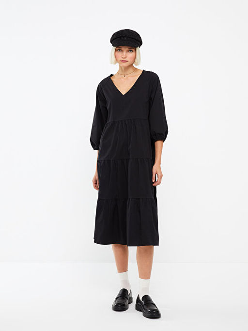 V Yaka D?z Poplin Elbise