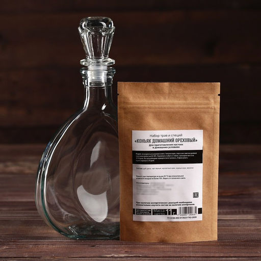 Подарочный набор для приготовления настойки Коньяк ореховый: набор трав и специй 11 г, штоф 500 мл., инструкция