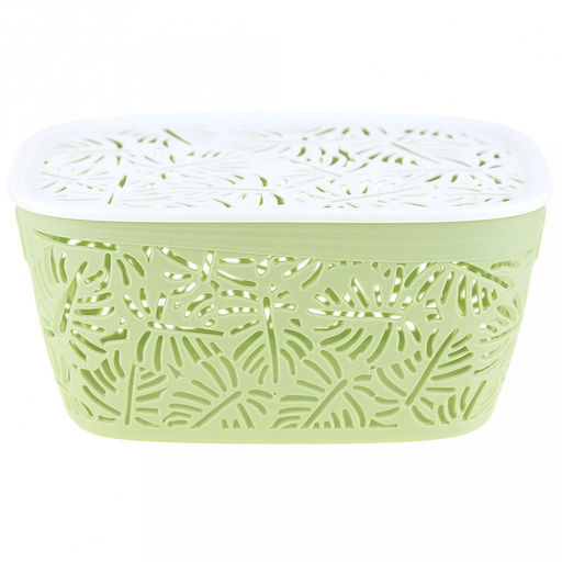 "Домашняя мода" Корзина пластмассовая для хранения "Листья" 23х17см h11см, с крышкой, с ручками, фисташковый (Китай)