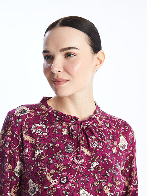 Ba?lamal? Yaka Desenli Uzun Kollu Kad?n Bluz