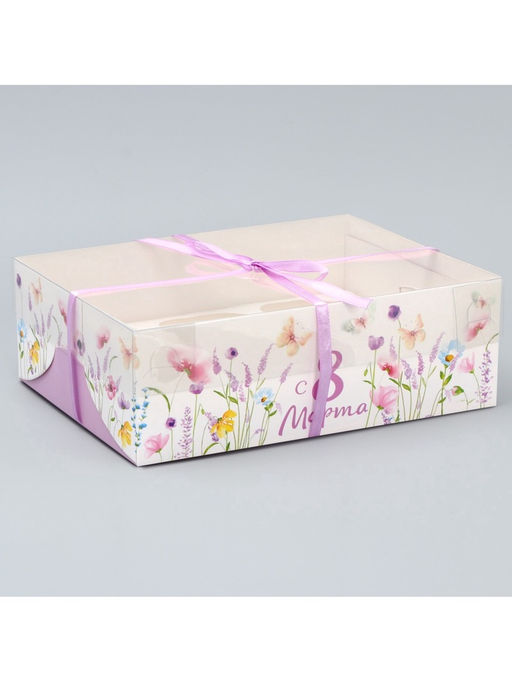 Цена за 5 шт. Коробка для капкейка, кондитерская упаковка, 6 ячеек «8 марта»,23×16×7.5 см