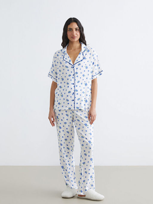 G?mlek Yaka Desenli Kad?n Pijama Tak?m