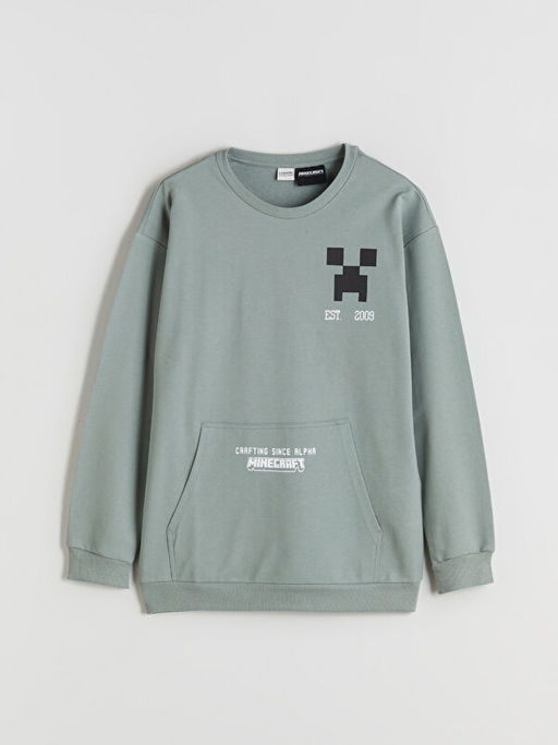 Bisiklet Yaka Minecraft Bask?l? Erkek ?ocuk Sweatshirt