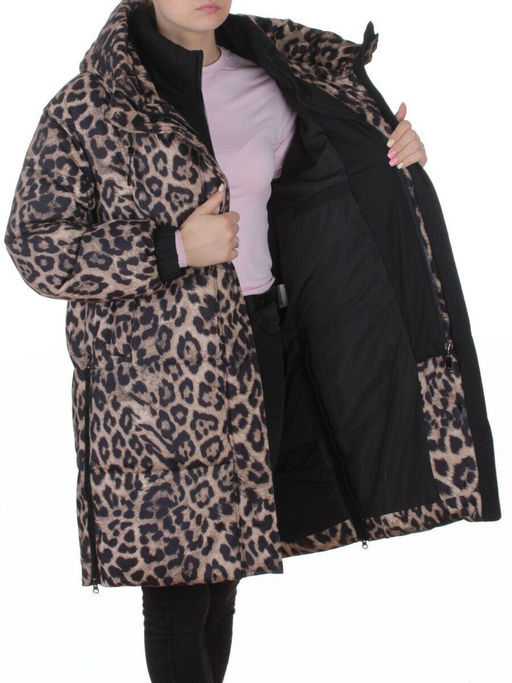 8892 BROWN/LEOPARD Куртка зимняя женская оверсайз с вшитой жилеткой (200 гр. холлофайбер)