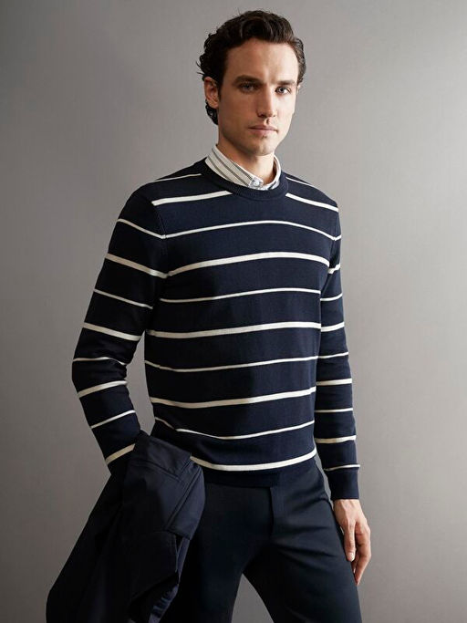 Bisiklet Yaka ?izgili Erkek Triko Kazak