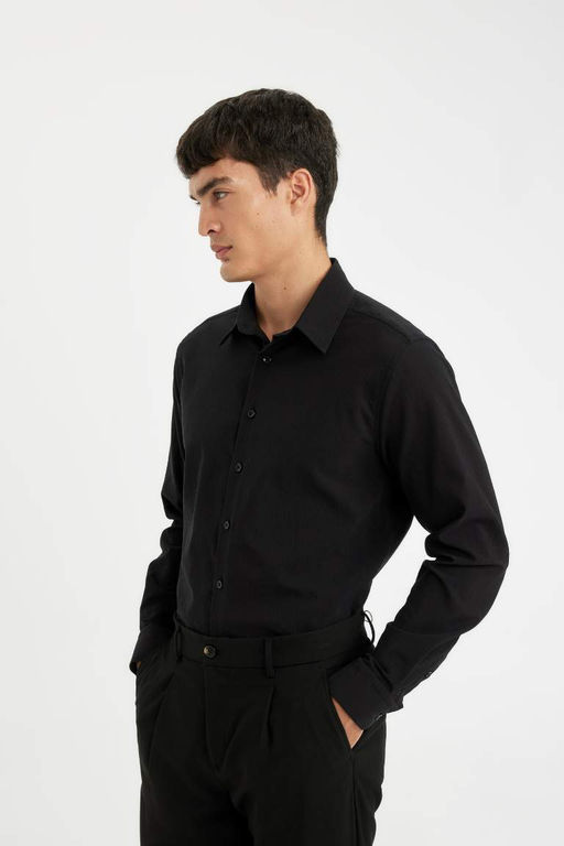 Рубашка с длинными рукавами и жатым воротником поло Modern Fit - Defacto фото 4