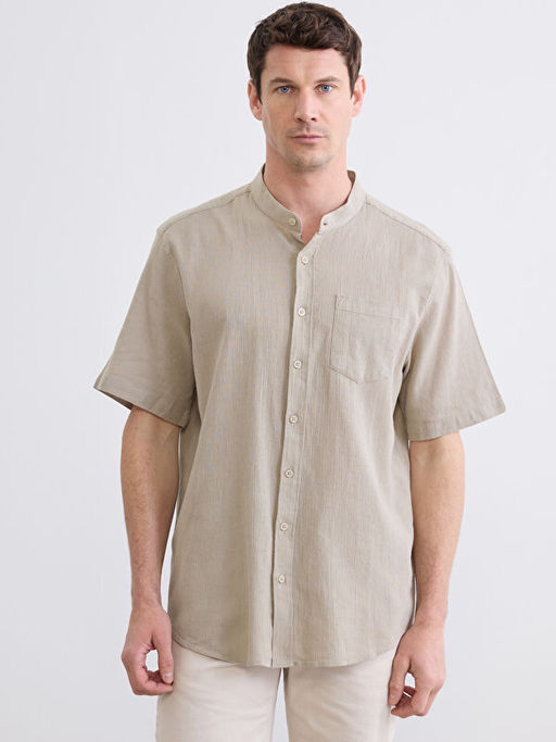 Regular Fit Keten G?r?n?ml? Erkek G?mlek