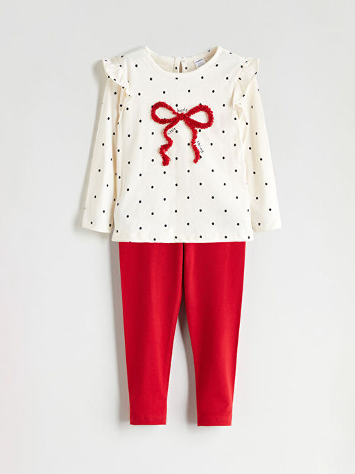 Bisiklet Yaka Bask?l? K?z ?ocuk Bluz ve Tayt 2li