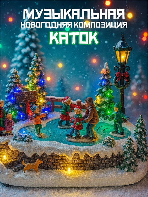 Новогодний сувенир "Каток с движущимися фигурками и подсветкой" 220V; 24*17см, в коробке