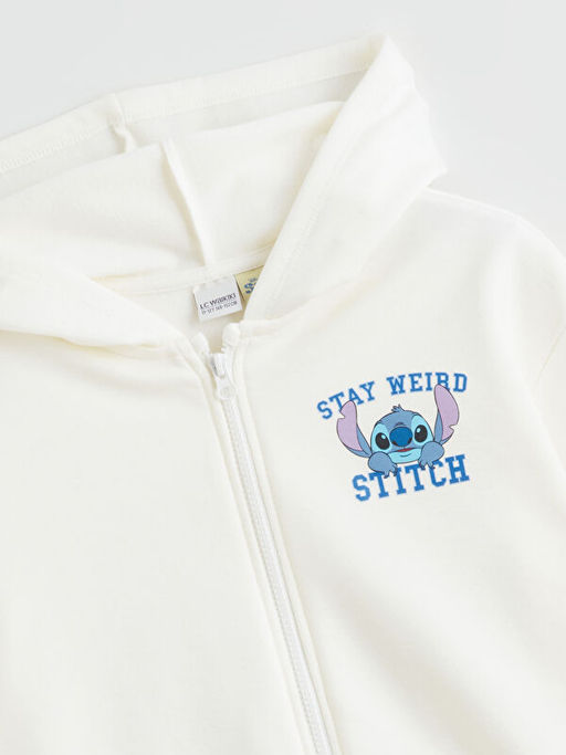 Kap??onlu Stitch Bask?l? K?z ?ocuk Fermuarl? Sweatshirt
