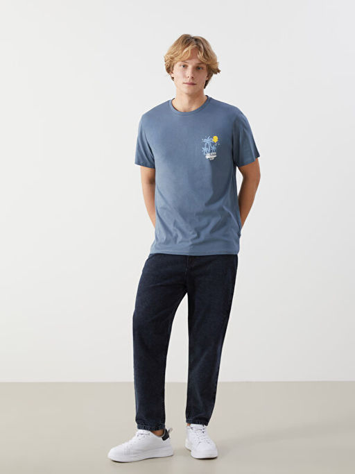 Bisiklet Yaka K?sa Kollu Bask?l? Penye Erkek Ti??rt