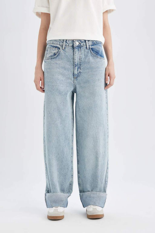 Мешковатые джинсовые брюки длиной до щиколотки с высокой талией и мешковатыми манжетами. - Defacto фото 8