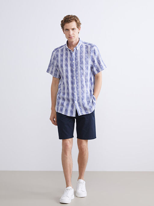 Regular Fit K?sa Kollu ?izgili Poplin Erkek G?mlek
