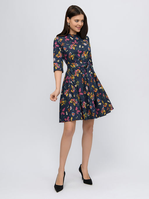 Платье синее длины мини с принтом и рукавами 3/4 - 1001dress фото 5
