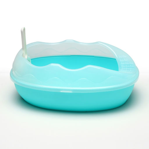 Туалет для кошек, 38×28×15 см, округлый, с бортиком и совком, синий