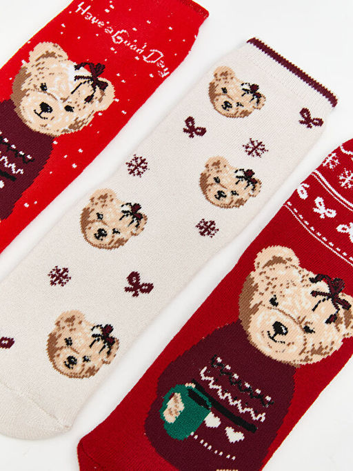 Kayd?rmaz Tabanl? Ay? Teddy Desenli K?z ?ocuk Havlu Soket ?orap 3l?