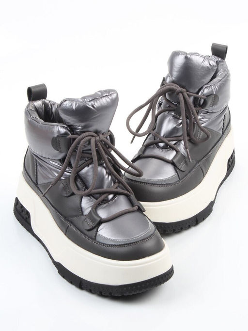 04-WG039-1M GRAY Ботинки зимние женские (натуральная кожа, курточная ткань, 100% шерсть)