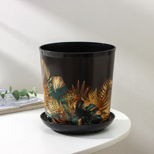 Горшок для цветов с поддоном Доляна «Голди. Листья», 1,6 л, d=14 см, h=15,5 см, пластиковый, цвет чёрный