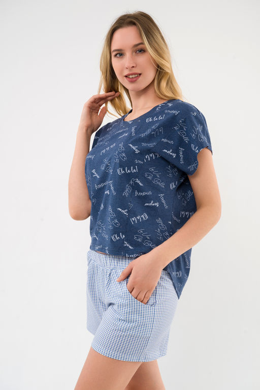 Пижама женская из футболки и шорт из кулирки Бонжур голубой - Амадэль фото 6