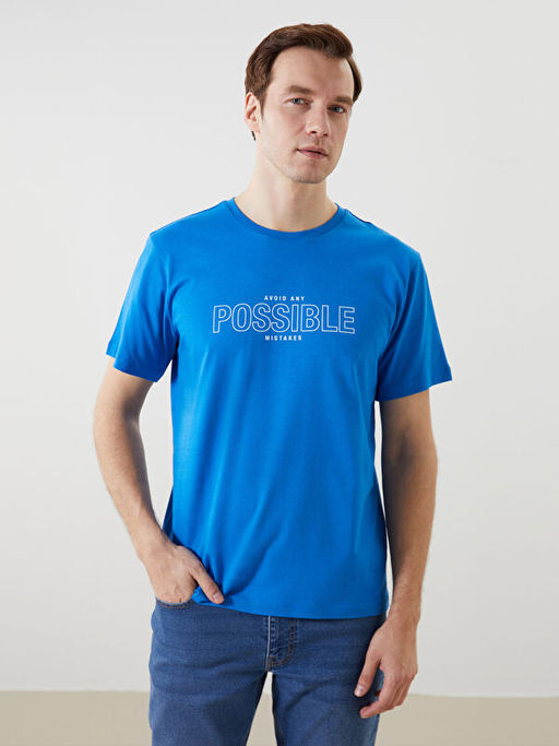 Bisiklet Yaka K?sa Kollu Bask?l? Penye Erkek Ti??rt