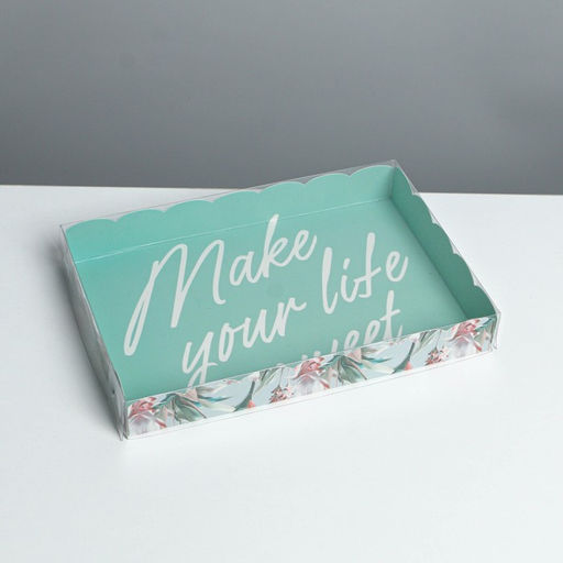 Цена за 5 шт. Коробка для печенья, кондитерская упаковка с PVC крышкой, Make your life sweet, 22 х 15 х 3 см