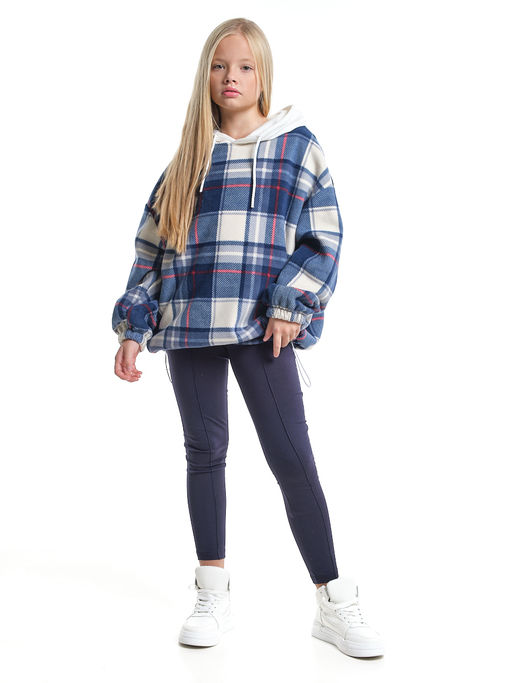 Худи оверсайз в клетку подростковое с капюшоном на меху 22-8046 синяя клетка - Mini maxi фото 10